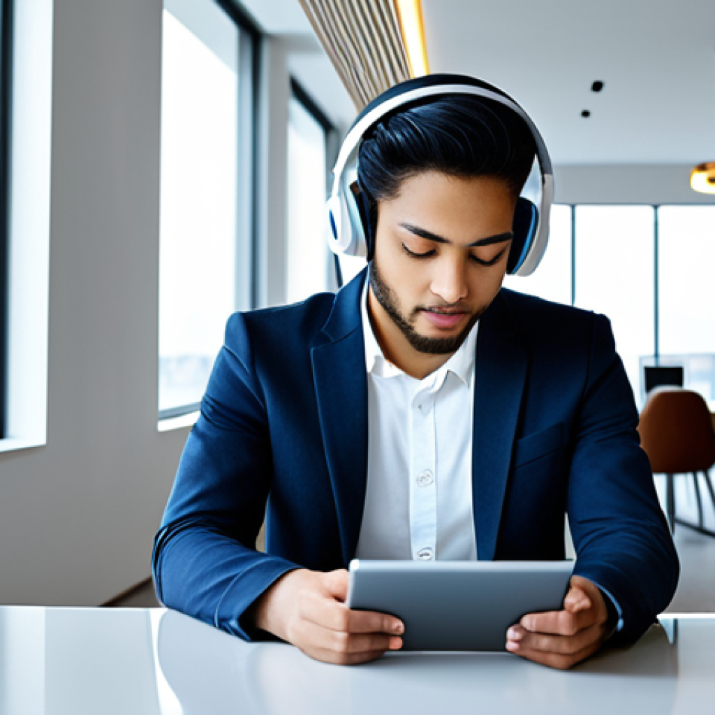 A professional young adult, ethnically diverse, fully clothed in modest, contemporary business casual attire, wearing modern over-ear headphones. They are comfortably seated at a sleek, minimalist table in a bright, spacious modern lounge, looking thoughtfully at a tablet displaying a clean, futuristic music streaming interface. The environment suggests seamless technology integration. The image features perfect anatomy, correct proportions, well-formed hands, proper finger count, and natural body proportions. This is a high-quality, professional photograph, safe for work, appropriate content, and family-friendly.