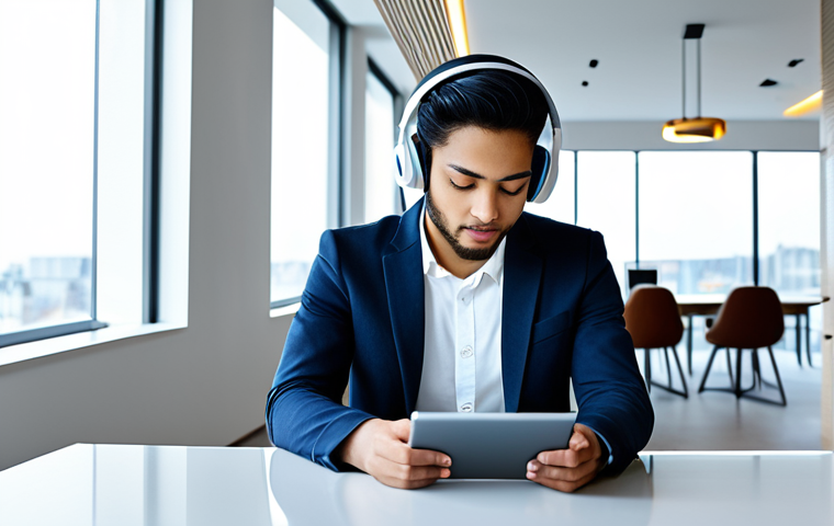 A professional young adult, ethnically diverse, fully clothed in modest, contemporary business casual attire, wearing modern over-ear headphones. They are comfortably seated at a sleek, minimalist table in a bright, spacious modern lounge, looking thoughtfully at a tablet displaying a clean, futuristic music streaming interface. The environment suggests seamless technology integration. The image features perfect anatomy, correct proportions, well-formed hands, proper finger count, and natural body proportions. This is a high-quality, professional photograph, safe for work, appropriate content, and family-friendly.