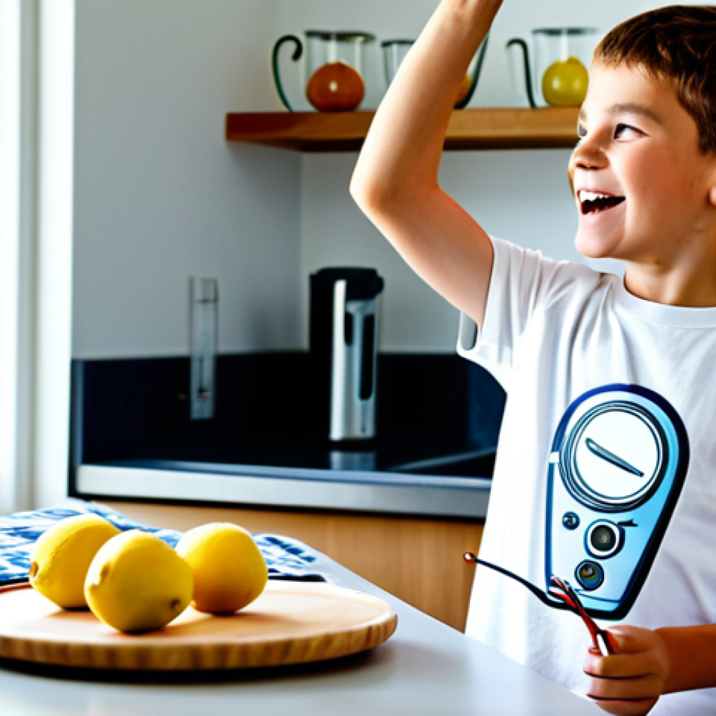 A curious young boy, approximately 8 years old, fully clothed in a modest t-shirt and jeans, is excitedly conducting a simple science experiment in a bright, clean home kitchen. He is holding a lemon with wires attached to a small LED light, demonstrating a "lemon battery." The kitchen counter is tidy, displaying a few other fruits like apples and potatoes, along with basic kitchen tools. Natural light streams in from a window. The boy has a look of focused wonder and excitement, emphasizing hands-on learning and the joy of discovery. perfect anatomy, correct proportions, natural pose, well-formed hands, proper finger count, natural body proportions, safe for work, appropriate content, fully clothed, family-friendly, professional photography, high quality, vibrant colors.