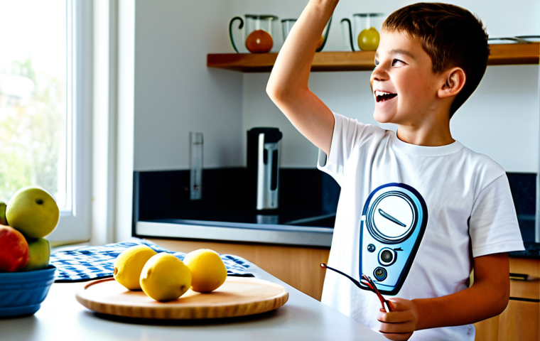 A curious young boy, approximately 8 years old, fully clothed in a modest t-shirt and jeans, is excitedly conducting a simple science experiment in a bright, clean home kitchen. He is holding a lemon with wires attached to a small LED light, demonstrating a "lemon battery." The kitchen counter is tidy, displaying a few other fruits like apples and potatoes, along with basic kitchen tools. Natural light streams in from a window. The boy has a look of focused wonder and excitement, emphasizing hands-on learning and the joy of discovery. perfect anatomy, correct proportions, natural pose, well-formed hands, proper finger count, natural body proportions, safe for work, appropriate content, fully clothed, family-friendly, professional photography, high quality, vibrant colors.