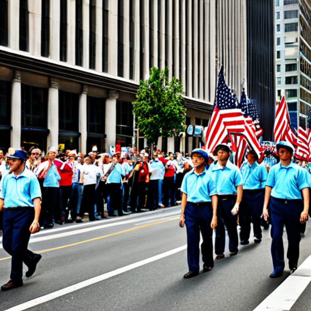"A busy city street scene during International Labor Day celebrations, filled with families enjoying a parade, fully clothed, appropriate attire, safe for work, perfect anatomy, natural proportions, professional photography, high quality, modest clothing. Depict a modern, family-friendly atmosphere reflecting the spirit of unity and progress."