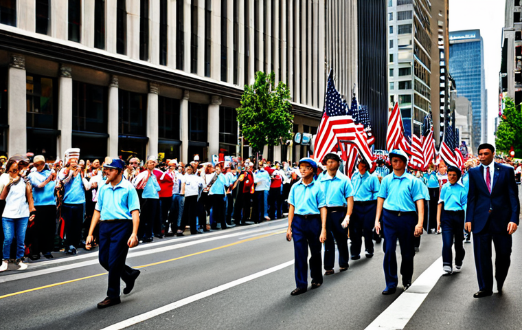 "A busy city street scene during International Labor Day celebrations, filled with families enjoying a parade, fully clothed, appropriate attire, safe for work, perfect anatomy, natural proportions, professional photography, high quality, modest clothing. Depict a modern, family-friendly atmosphere reflecting the spirit of unity and progress."