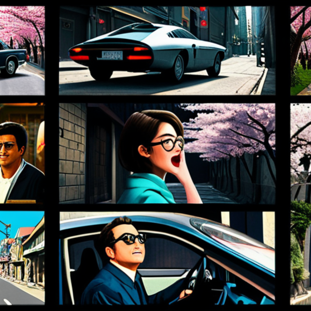 A Collage of Movie Genres**
"A vibrant collage showcasing iconic imagery from various film genres: action (a speeding car), romance (a couple embracing under cherry blossoms), comedy (a surprised face with oversized glasses), sci-fi (a sleek spaceship), thriller (a shadowy figure in a dark alley). The style should be colorful and inviting, appealing to a wide audience. Safe for work, appropriate content, family-friendly."
**