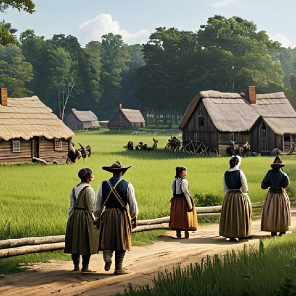 **Early Colonial Settlement:** "A bustling colonial settlement in 17th century Virginia, showing modest wooden houses, fully clothed settlers working in fields, and interaction with Native Americans in appropriate attire, safe for work, perfect anatomy, natural proportions, professional illustration, family-friendly."