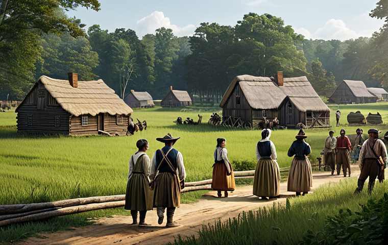 **Early Colonial Settlement:** "A bustling colonial settlement in 17th century Virginia, showing modest wooden houses, fully clothed settlers working in fields, and interaction with Native Americans in appropriate attire, safe for work, perfect anatomy, natural proportions, professional illustration, family-friendly."