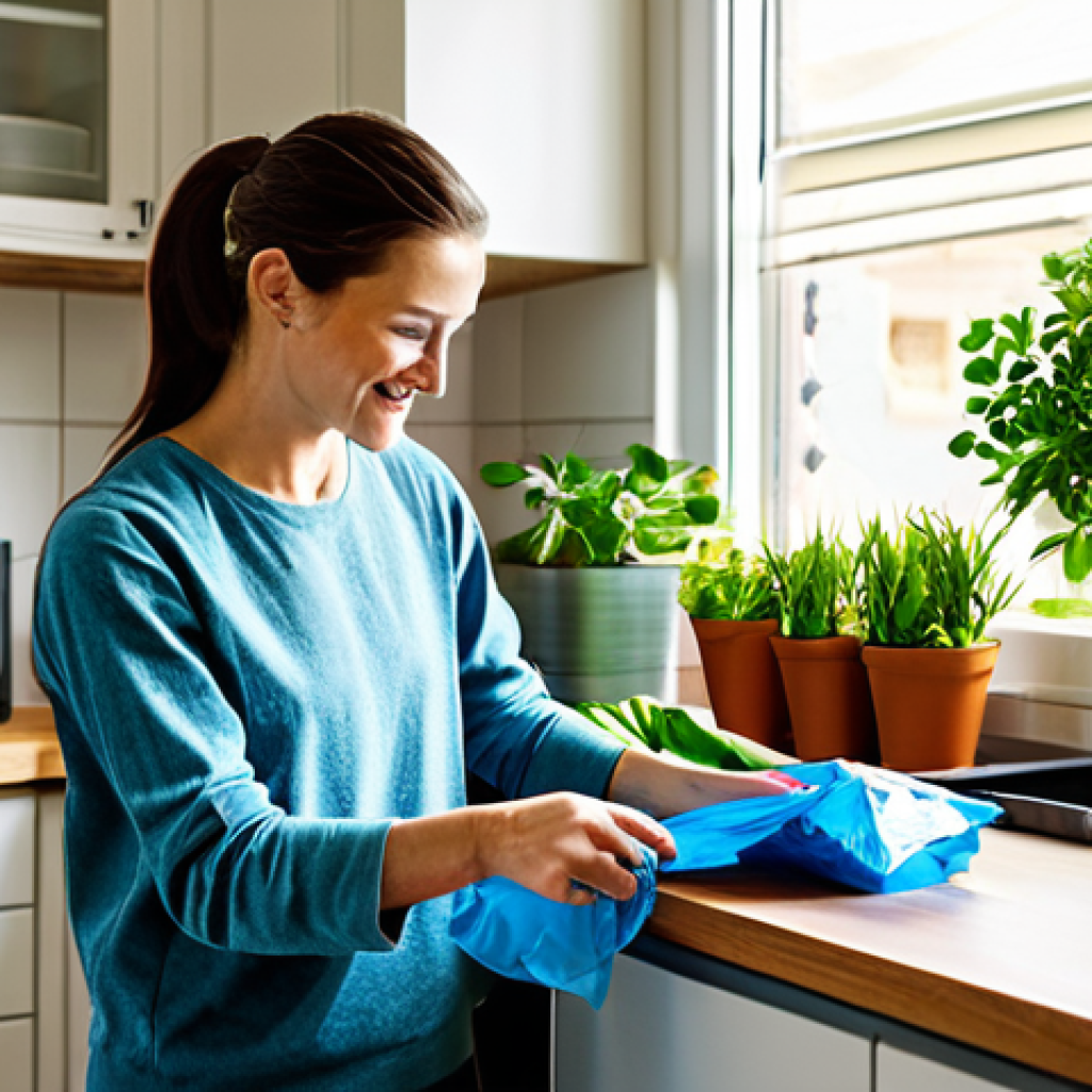기후 변동 - Eco-Friendly Lifestyle**
"A brightly lit kitchen scene, featuring a person sorting recyclable mater...