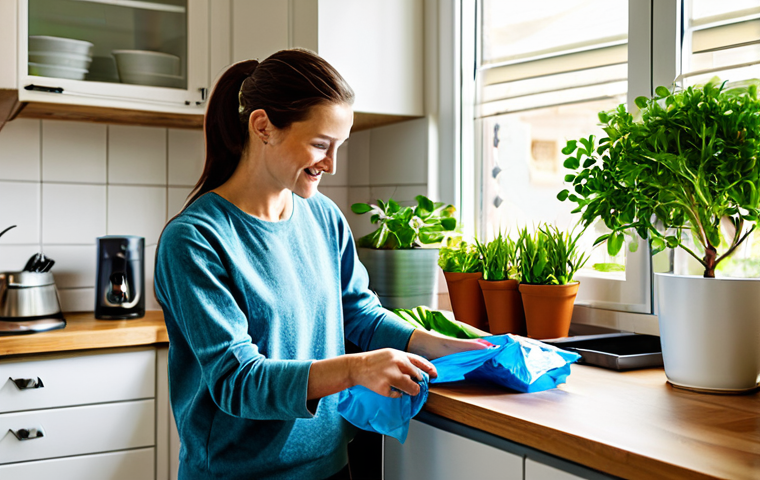 기후 변동 - Eco-Friendly Lifestyle**

"A brightly lit kitchen scene, featuring a person sorting recyclable mater...
