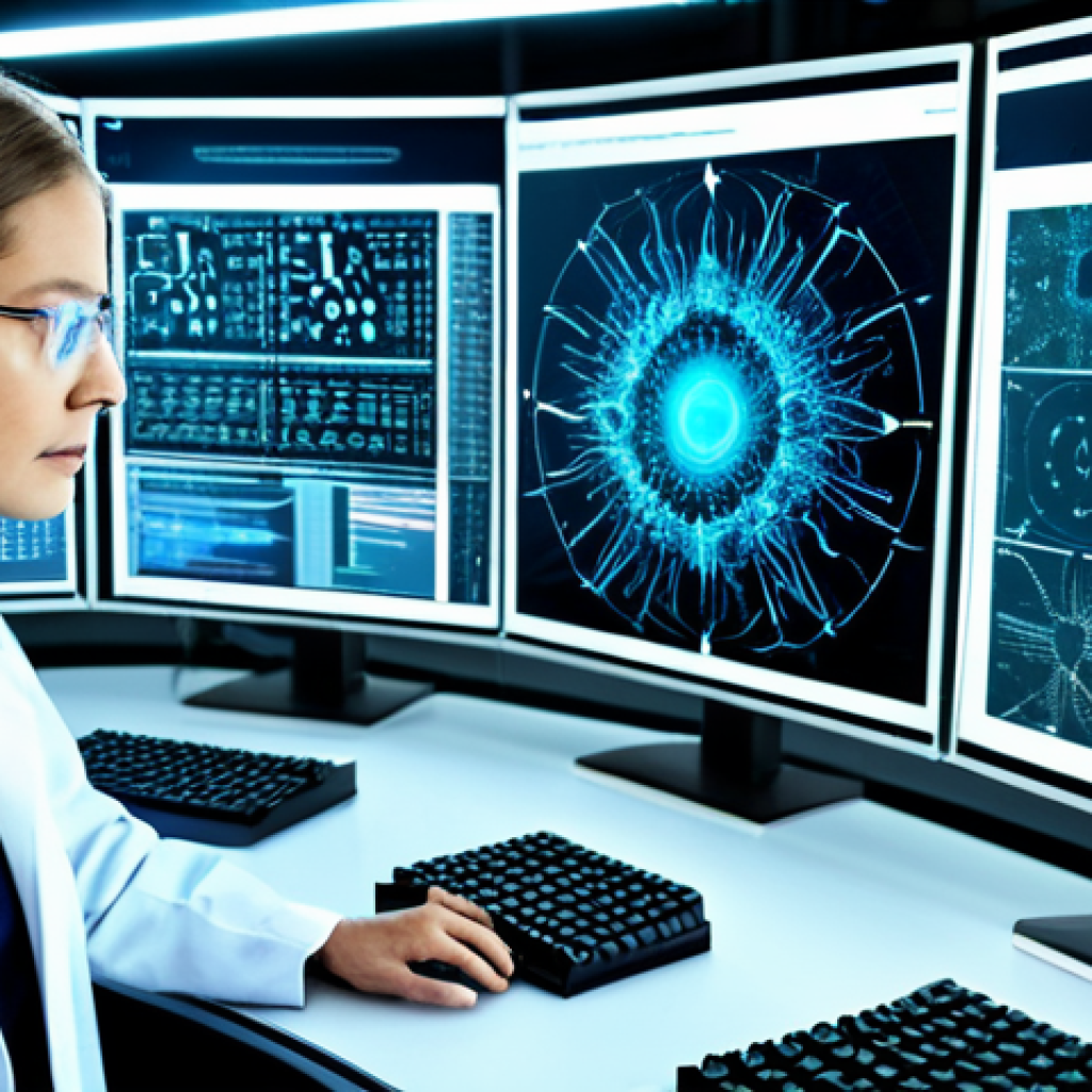 과학적 발견 - **Quantum Computer Visualization:** "A brightly lit, futuristic laboratory with complex quantum comp...
