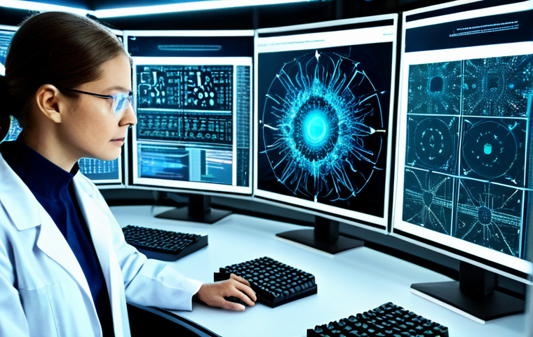 과학적 발견 - **Quantum Computer Visualization:** "A brightly lit, futuristic laboratory with complex quantum comp...