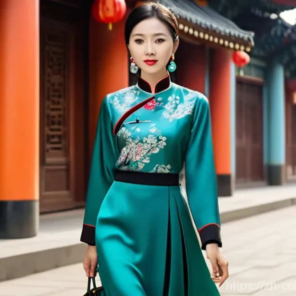 대중문화 상식 - A confident and elegant young woman, no younger than 20, is strolling down a vibrant, art-filled urb...