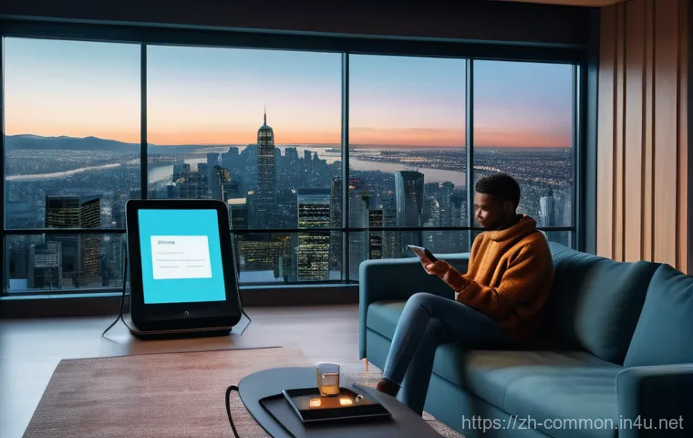 AI와 윤리 - **Prompt:** A futuristic, well-lit apartment interior with large windows showcasing a city skyline a...