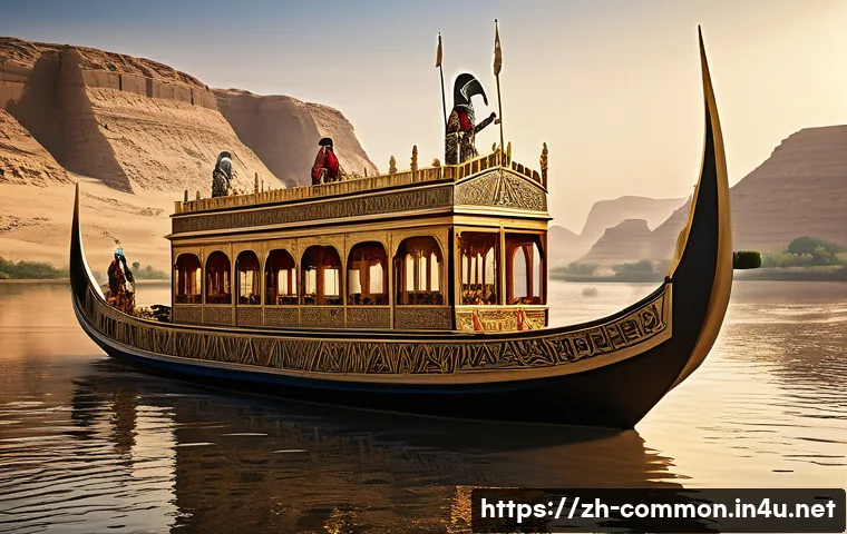 아프리카 역사 - The Pharaoh's Royal Procession on the Nile**

A majestic scene set in ancient Egypt, featuring a gra...