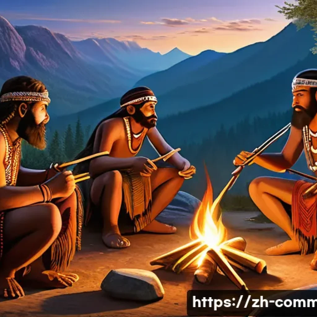 음악의 역사 - A vivid prehistoric scene depicting ancient humans gathered around a fire, rhythmically playing prim...