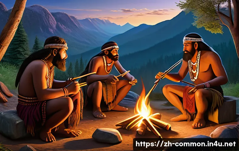 음악의 역사 - A vivid prehistoric scene depicting ancient humans gathered around a fire, rhythmically playing prim...