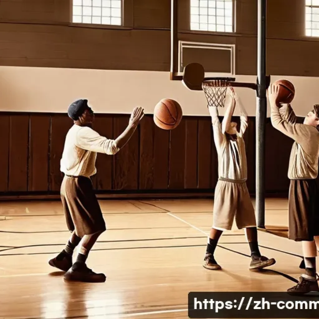 농구 역사 - A vintage 1890s indoor basketball game scene in a school gymnasium, players wearing early 20th-centu...