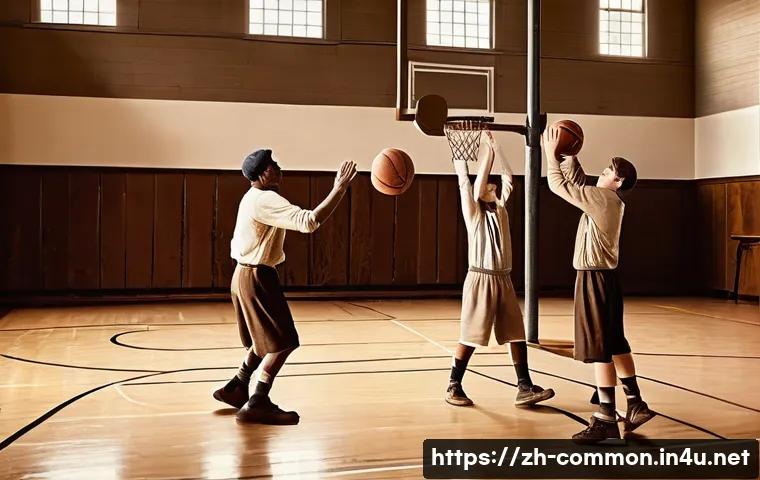 농구 역사 - A vintage 1890s indoor basketball game scene in a school gymnasium, players wearing early 20th-centu...