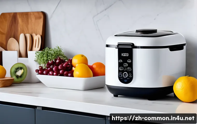 인류의 발명품 - A cozy modern kitchen scene showcasing a variety of small kitchen inventions: a sleek electric rice ...