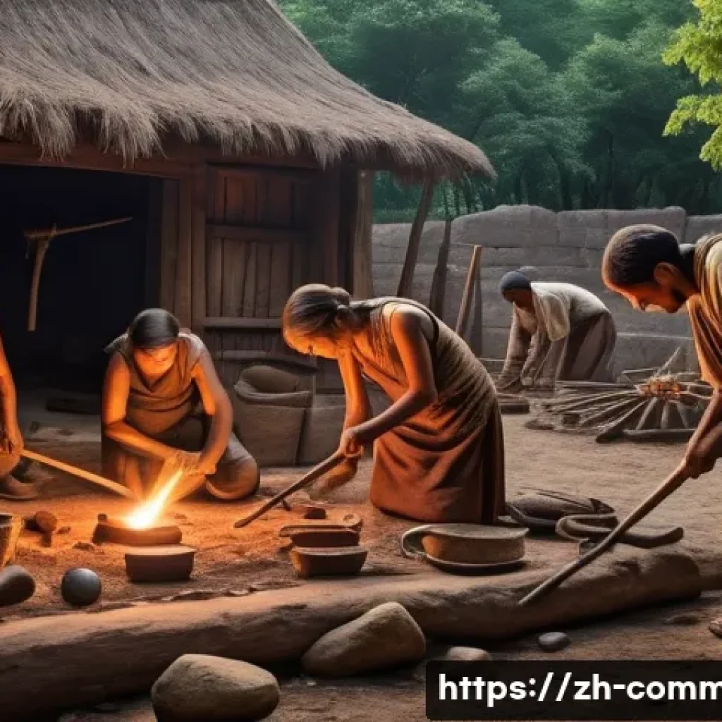 인류의 발전 - A detailed scene of an ancient archaeological site during the Metal Age, showcasing early humans cra...