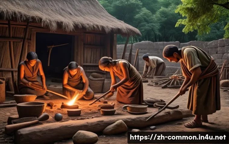 인류의 발전 - A detailed scene of an ancient archaeological site during the Metal Age, showcasing early humans cra...