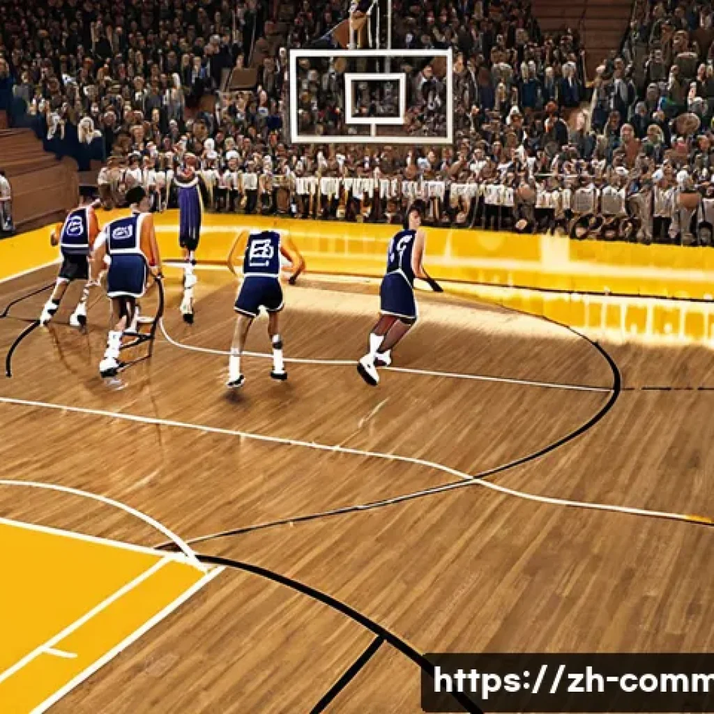 NBA 역사 - A dynamic 1950s basketball game scene inside a vintage gymnasium with wooden floors and simple bleac...