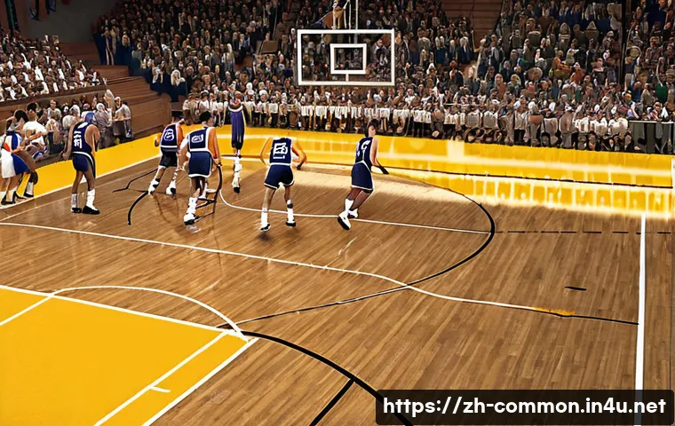 NBA 역사 - A dynamic 1950s basketball game scene inside a vintage gymnasium with wooden floors and simple bleac...