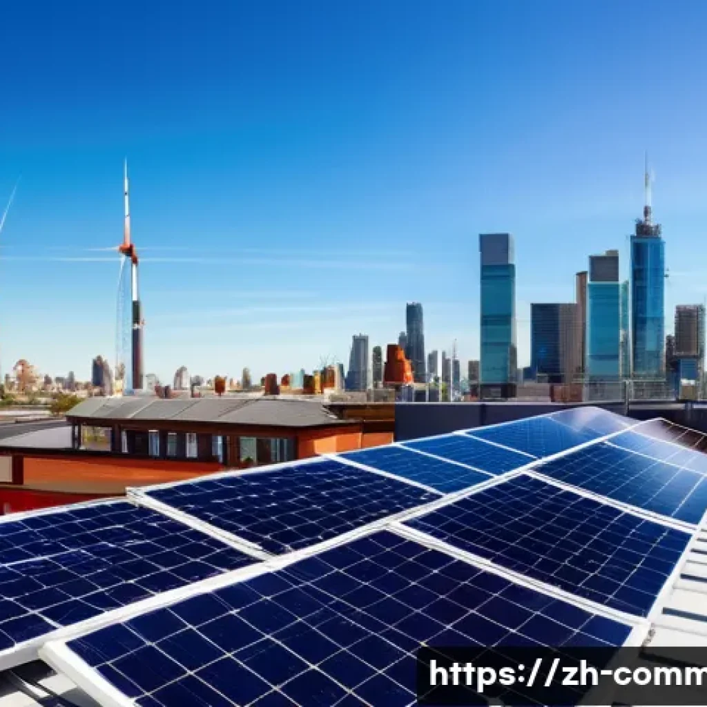 미래의 에너지 - A modern urban rooftop solar panel installation scene during a bright sunny day, showcasing sleek pe...
