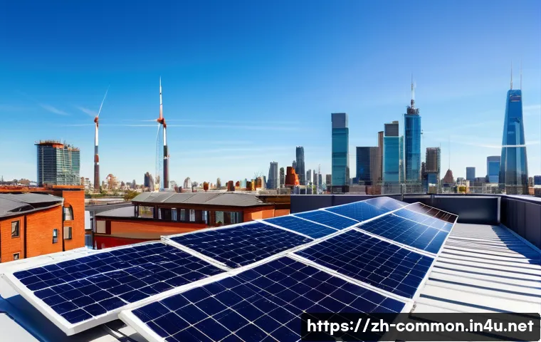 미래의 에너지 - A modern urban rooftop solar panel installation scene during a bright sunny day, showcasing sleek pe...
