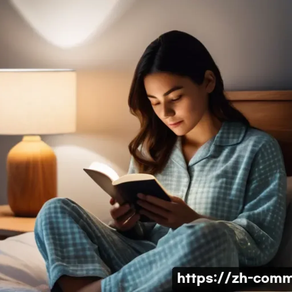 건강 상식 - A serene modern bedroom scene at night showing a young adult female wearing comfortable pajamas sitt...