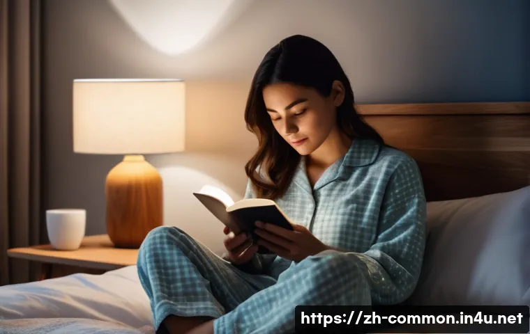 건강 상식 - A serene modern bedroom scene at night showing a young adult female wearing comfortable pajamas sitt...