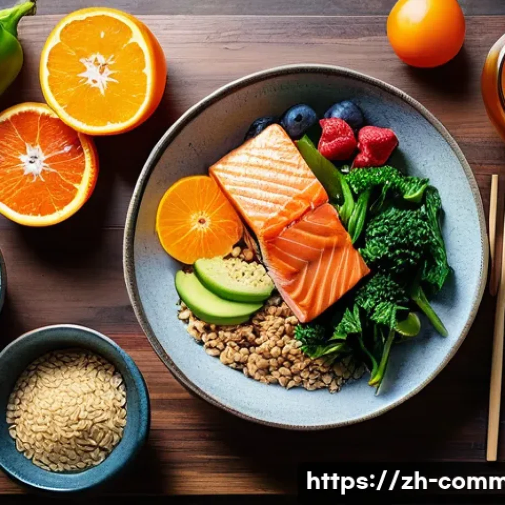 영양 상식 - A vibrant and colorful healthy meal spread on a wooden table featuring a balanced variety of foods i...