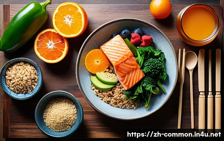 영양 상식 - A vibrant and colorful healthy meal spread on a wooden table featuring a balanced variety of foods i...