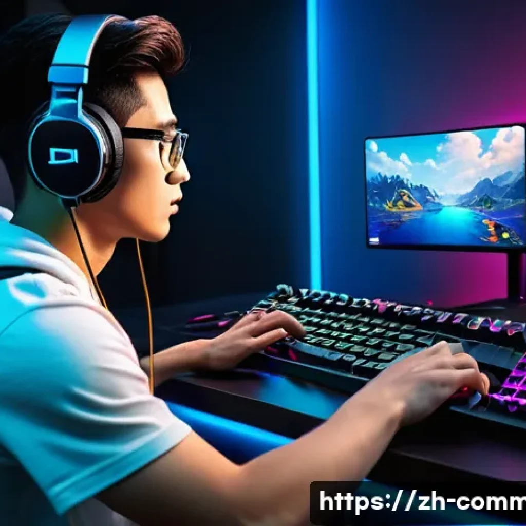 게임 상식 - A dynamic gaming setup scene featuring a skilled player customizing keyboard key bindings on a high-...