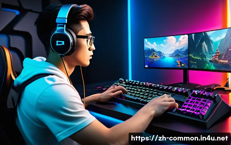 게임 상식 - A dynamic gaming setup scene featuring a skilled player customizing keyboard key bindings on a high-...