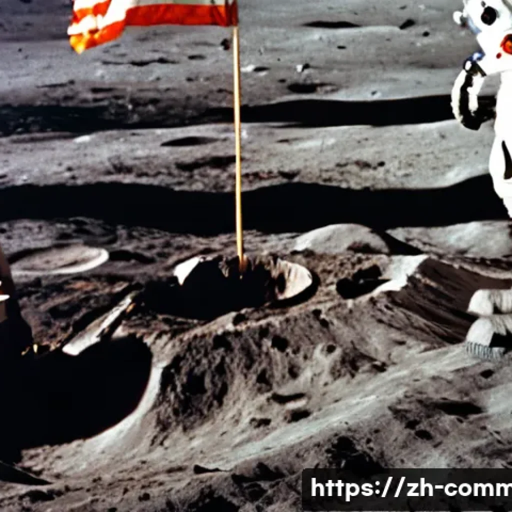 우주 탐사 - A highly detailed scene of the Apollo 11 lunar landing site showing astronaut Neil Armstrong and Buz...