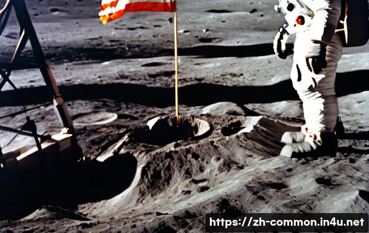 우주 탐사 - A highly detailed scene of the Apollo 11 lunar landing site showing astronaut Neil Armstrong and Buz...