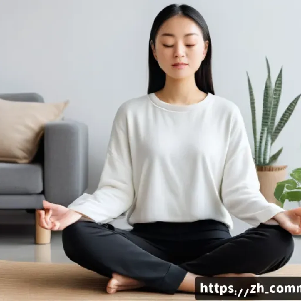 심리학의 기초 - A serene scene depicting a young adult woman practicing mindfulness meditation in a modern, cozy liv...