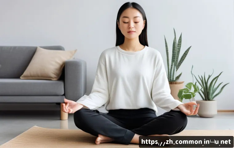 심리학의 기초 - A serene scene depicting a young adult woman practicing mindfulness meditation in a modern, cozy liv...