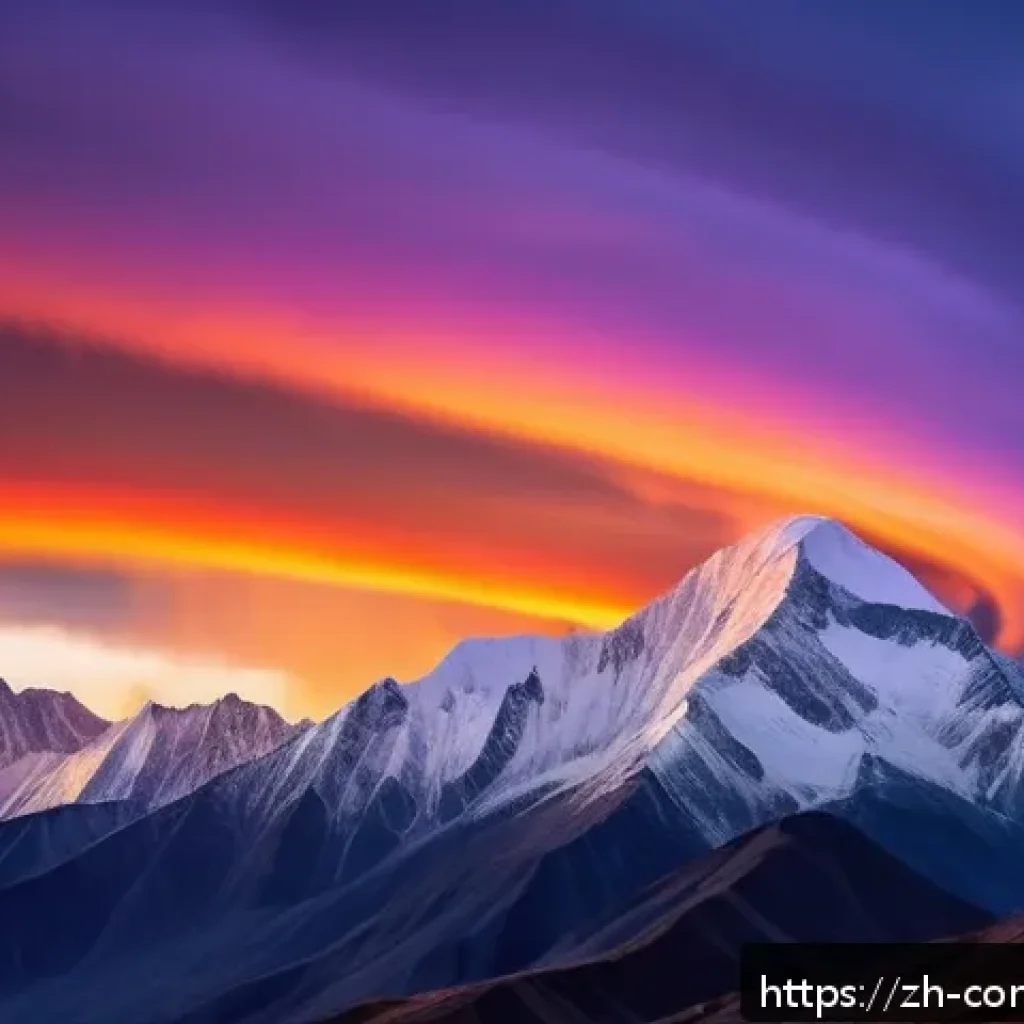 자연 상식 - A breathtaking sunset sky over a high latitude mountainous region, featuring delicate fire rainbow c...
