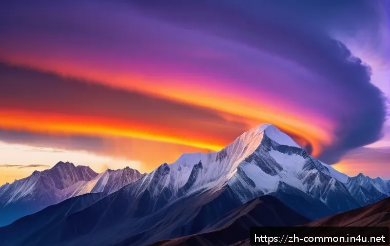 자연 상식 - A breathtaking sunset sky over a high latitude mountainous region, featuring delicate fire rainbow c...