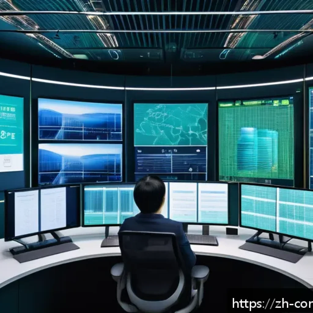 미래의 에너지 자원 - A futuristic smart grid control room with large digital screens showing real-time energy data, IoT d...