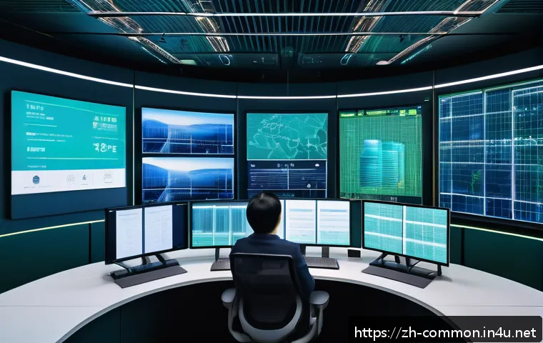 미래의 에너지 자원 - A futuristic smart grid control room with large digital screens showing real-time energy data, IoT d...