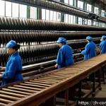 산업 혁명 - A bustling 19th-century textile factory interior with rows of mechanized flying shuttle looms and wa...
