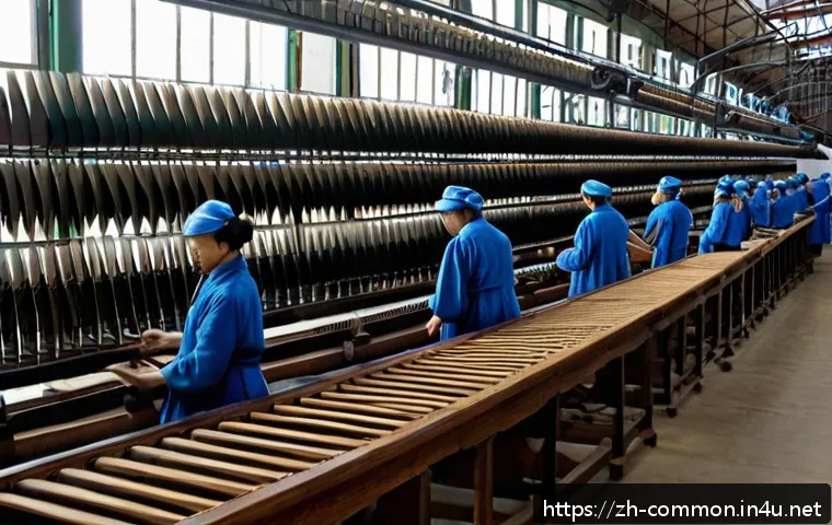 산업 혁명 - A bustling 19th-century textile factory interior with rows of mechanized flying shuttle looms and wa...