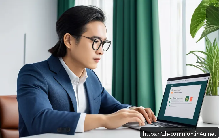 인터넷 보안 - A modern digital workspace scene showing a person using a laptop with a visible password manager app...