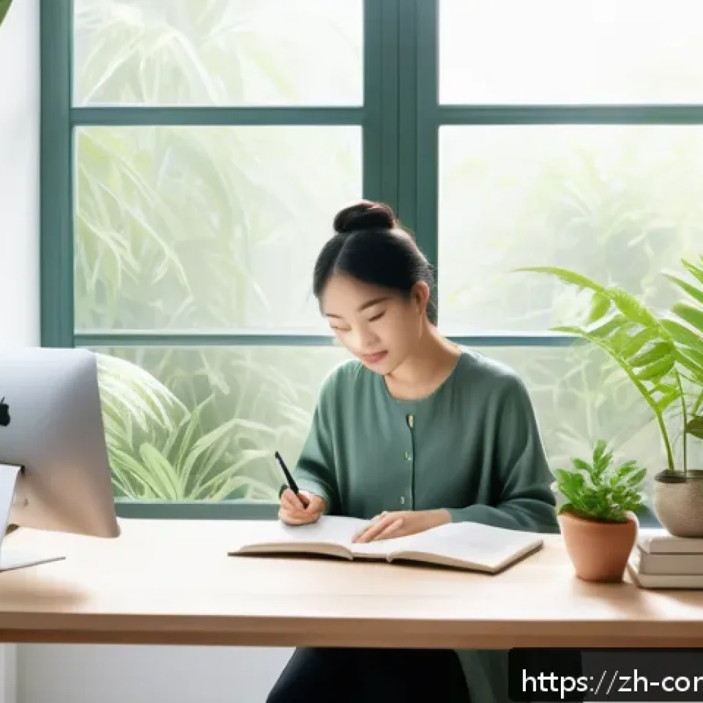 심리학 상식 - A serene modern home office scene featuring a young Chinese adult working at a tidy desk surrounded ...