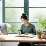 심리학 상식 - A serene modern home office scene featuring a young Chinese adult working at a tidy desk surrounded ...