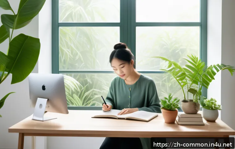 심리학 상식 - A serene modern home office scene featuring a young Chinese adult working at a tidy desk surrounded ...