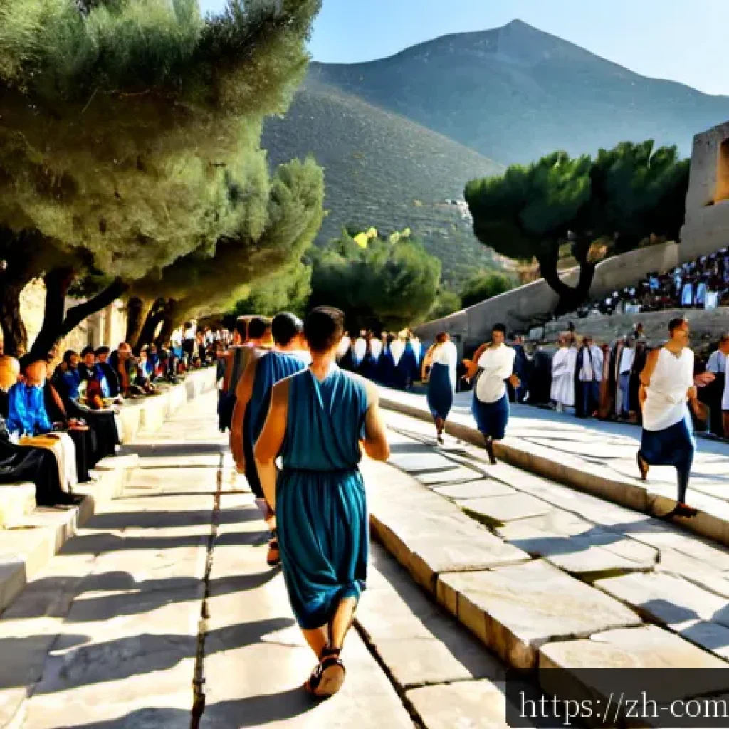 올림픽 역사 - Photorealistic ancient Olympic festival in classical Greece, sunrise over a stone stadium surrounded...