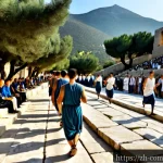 올림픽 역사 - Photorealistic ancient Olympic festival in classical Greece, sunrise over a stone stadium surrounded...