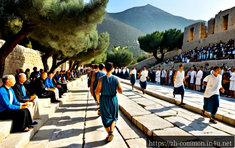 올림픽 역사 - Photorealistic ancient Olympic festival in classical Greece, sunrise over a stone stadium surrounded...
